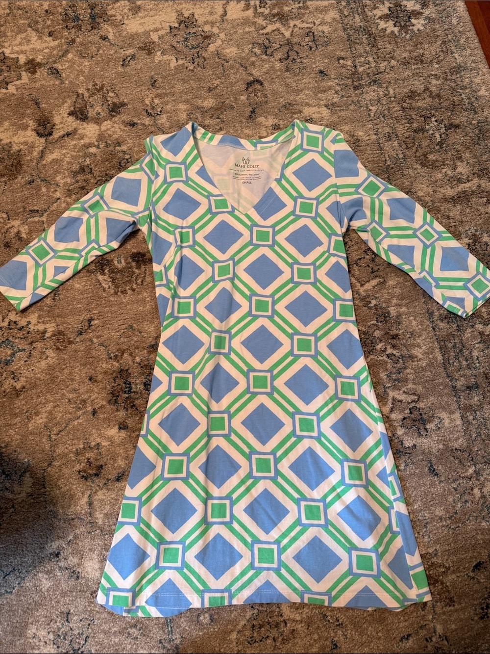 MAHI GOLD Blue and Green Geometric Midi Dress